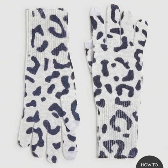 LOFT 100% Cashmere Leopard Animal Print Gloves Light Grey Black Luxury